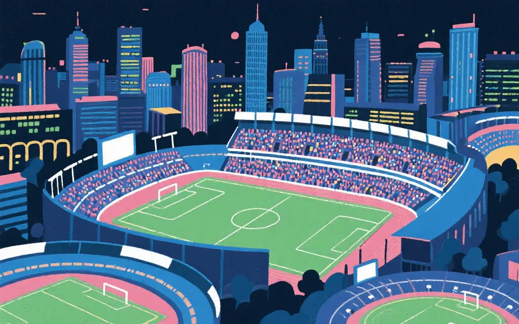 多城市体育场与城市夜景拼贴风格，可视化赛程与地理分布的结合