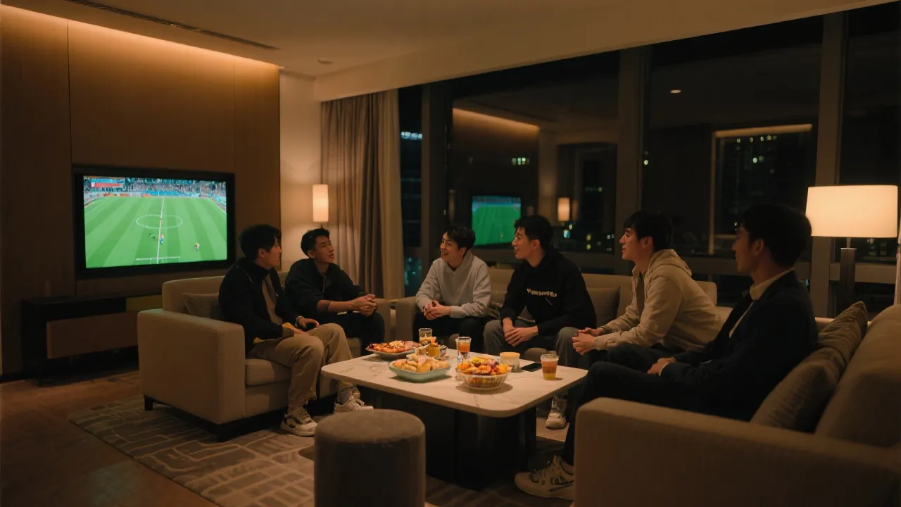 酒店公共客厅里朋友们围坐观赛与聊天，暖光氛围、零食饮品、团队互动